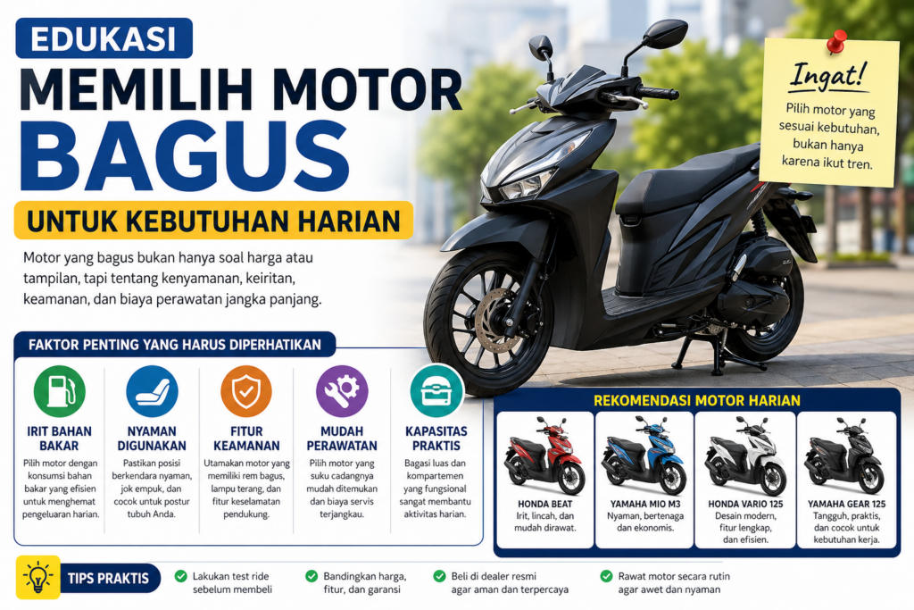Pelajari edukasi memilih motor bagus untuk kebutuhan harian, lengkap dengan tips, trik, rekomendasi, dan pembahasan praktis.