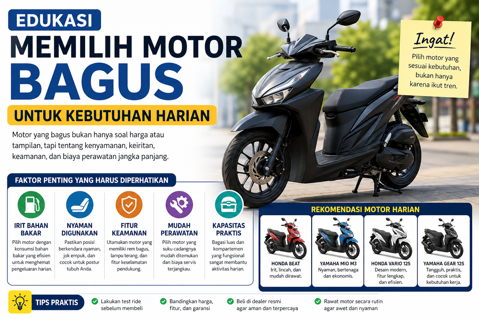 Pelajari edukasi memilih motor bagus untuk kebutuhan harian, lengkap dengan tips, trik, rekomendasi, dan pembahasan praktis.