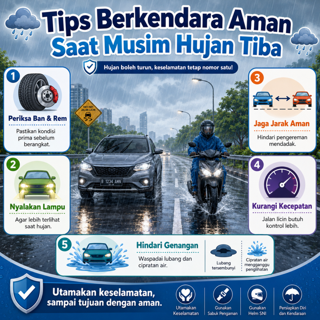 Tips berkendara aman saat musim hujan agar tetap nyaman di jalan, mulai dari cek kendaraan, jaga jarak, hingga waspada genangan air.
