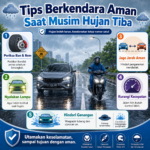 Tips berkendara aman saat musim hujan agar tetap nyaman di jalan, mulai dari cek kendaraan, jaga jarak, hingga waspada genangan air.