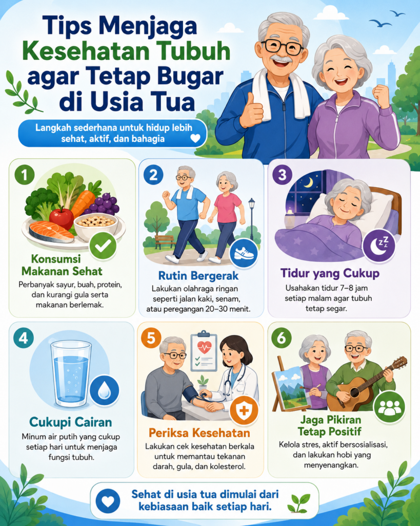 Tips menjaga kesehatan tubuh agar tetap bugar di usia tua dengan pola makan sehat, olahraga ringan, tidur cukup, dan kebiasaan harian.