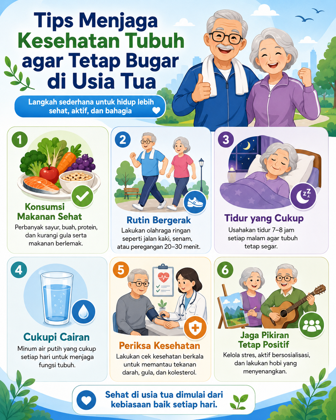 Tips menjaga kesehatan tubuh agar tetap bugar di usia tua dengan pola makan sehat, olahraga ringan, tidur cukup, dan kebiasaan harian.